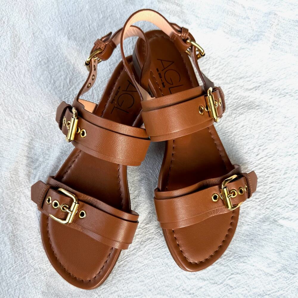 AGL Italy Multi Buckle Sandals Sz 38 Brandy Nappa Leather Summer Slides SOLD OUT